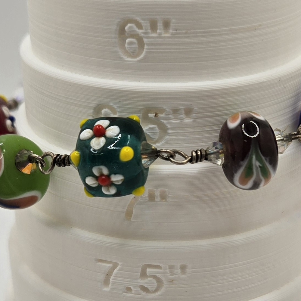Sterling Lampwork Bracelet Blown Glass & Lampwork Beads with Bee Charm Sz 6.5